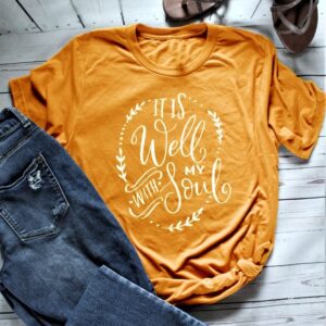Women's It Is Well With My Soul Short Sleeve T-Shirt Yellow Shirt Camiseta Rosa Feminina Art Tops