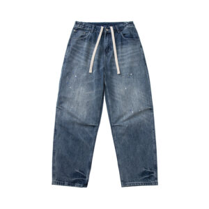 Painted Washed Knee Pleated Drawstring Casual Jeans for Men