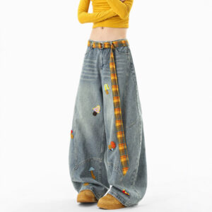 Deconstructed Towel Embroidered Denim Pants Unisex Autumn Loose Washed Knife Cut Pants SmallDesign Sense Wide Leg Pants