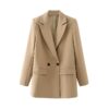 Women Khaki Blazer Coat Vintage Notched Collar Pocket Fashion Female Casual Chic Tops