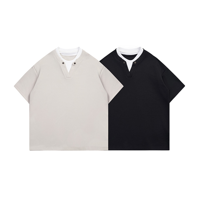 Collar contrasting fake two short sleeved men's and women's casual T-shirts - Image 5