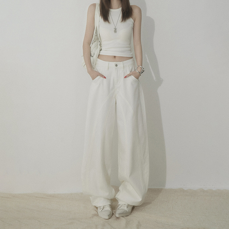 White High-Waisted Knife-Edge Jeans Women Casual Slim-Fit Wide-Leg Pants - Image 6