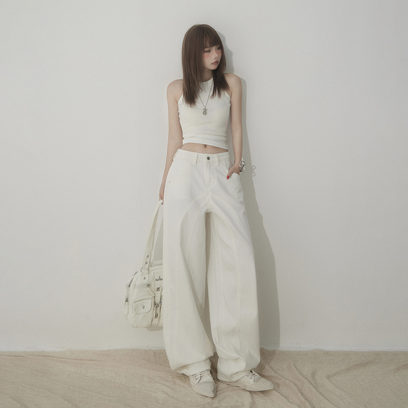 White High-Waisted Knife-Edge Jeans Women Casual Slim-Fit Wide-Leg Pants - Image 5