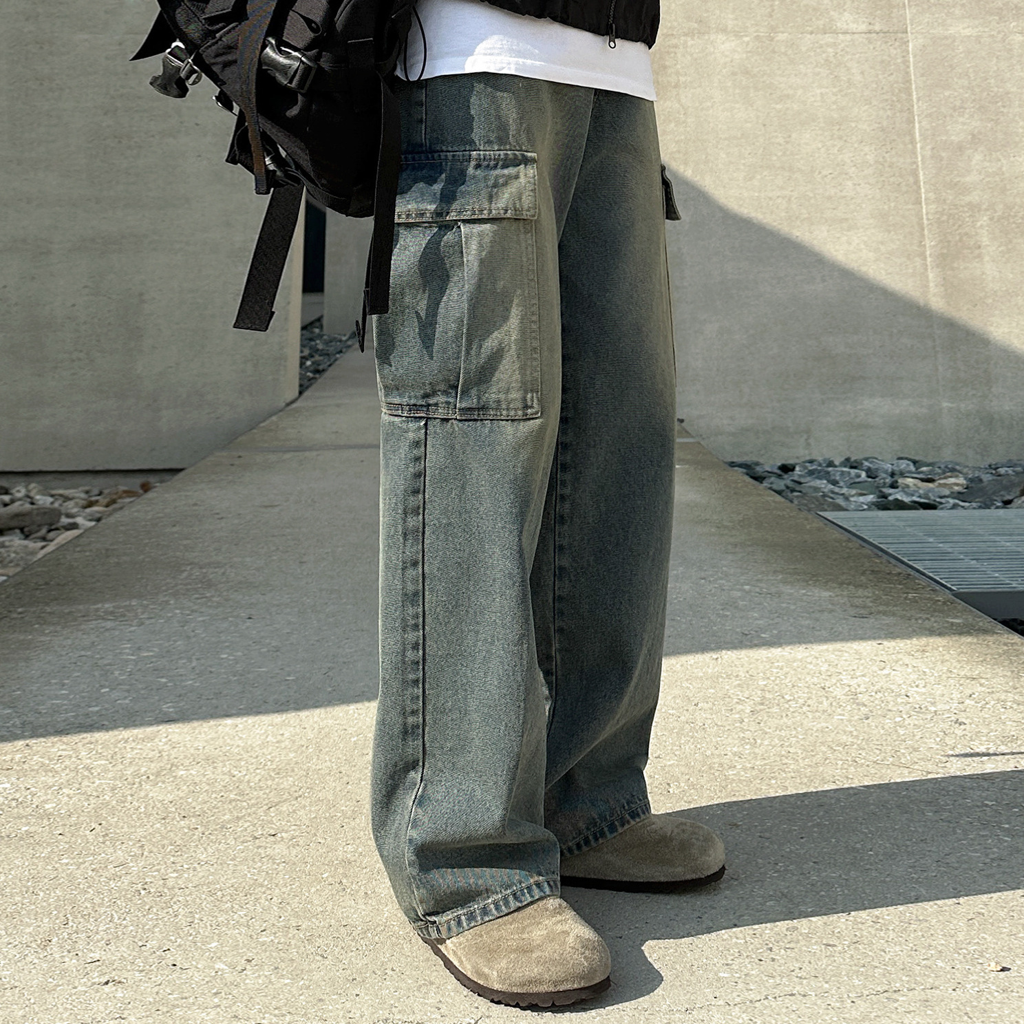 Vintage Washed Cargo Jeans Men Autumn Loose Wide Leg Long Pants Commuter Straight Leg Pants - Image 3