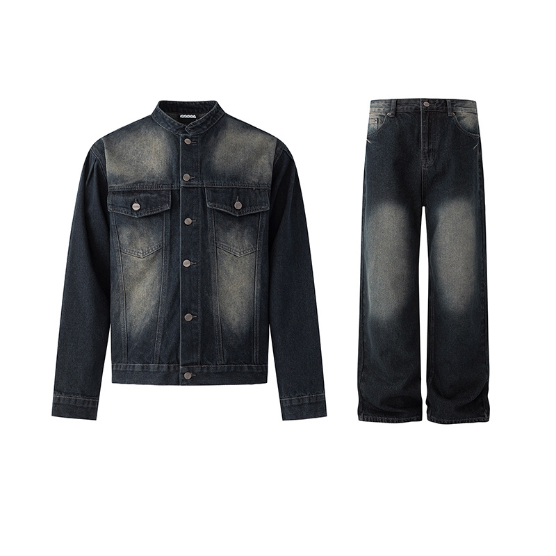 Retro Distressed Wide Leg Jeans Men's Spring Autumn Loose Denim Jacket Commute Fashion Set - Image 5