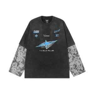 Two long sleeved T-shirts washed with racing water to make old and fake