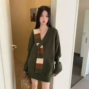 Retro Patchwork Sweater Women Clothes Long Sleeve Warm Knitted Tops Autumn Winter Pullovers Ladies Jumpers Chic