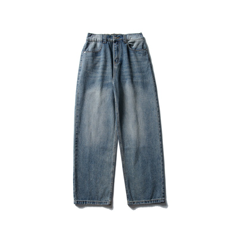 Distressed Relaxed Straight Leg Slightly Wide Washed Raw Edge Denim Pants - Image 3