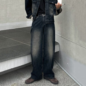 Retro Distressed Wide Leg Jeans Men's Spring Autumn Loose Denim Jacket  Commute Fashion Set