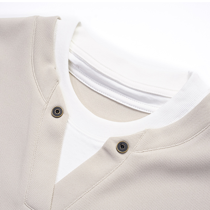 Collar contrasting fake two short sleeved men's and women's casual T-shirts - Image 3