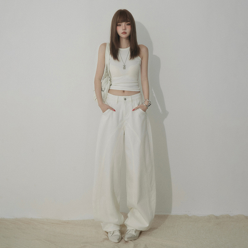 White High-Waisted Knife-Edge Jeans Women Casual Slim-Fit Wide-Leg Pants - Image 3