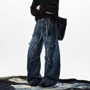 Original Design Patchwork Denim Pants Men's Raw Hem Star Wide Leg Pants Street Style Knife Cut Long Pants