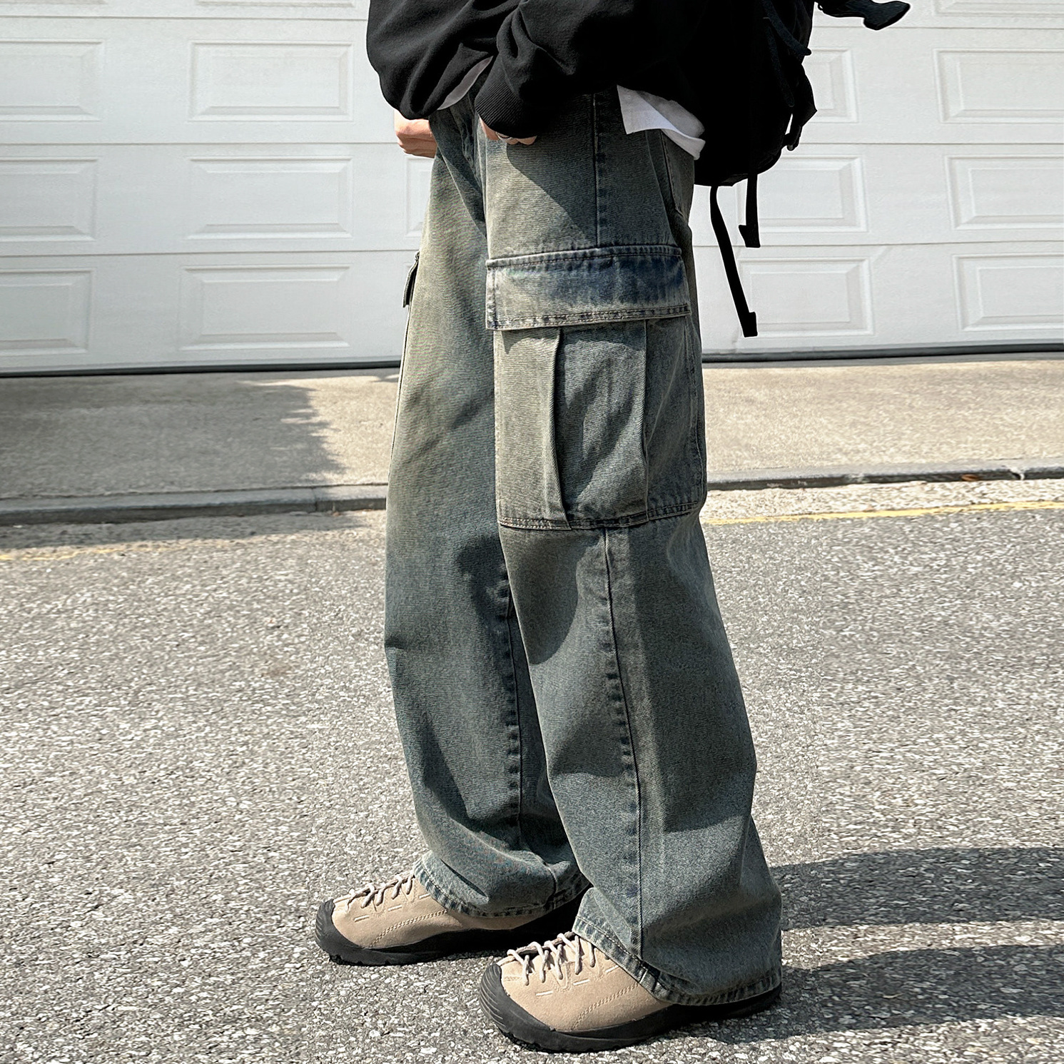 Vintage Washed Cargo Jeans Men Autumn Loose Wide Leg Long Pants Commuter Straight Leg Pants