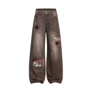 Streetwear Men's Denim Pants with Patchwork, Distressed Bleached Finish, Trendy Loose Fit, Wide Leg Style, Long Trousers